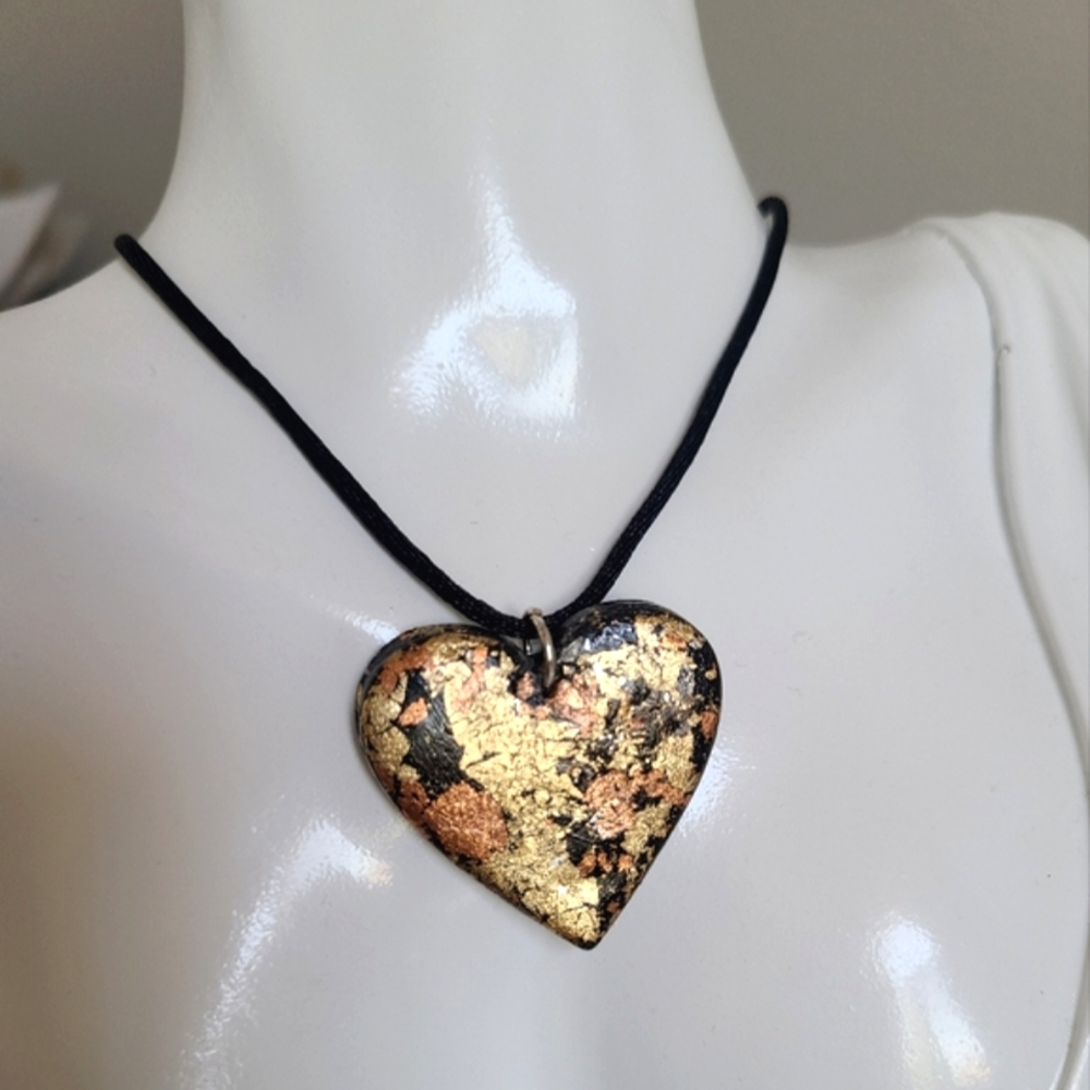 Boho Artisan Black Gold Bronze Metallic Clay Large Chunky Heart Cord Necklace